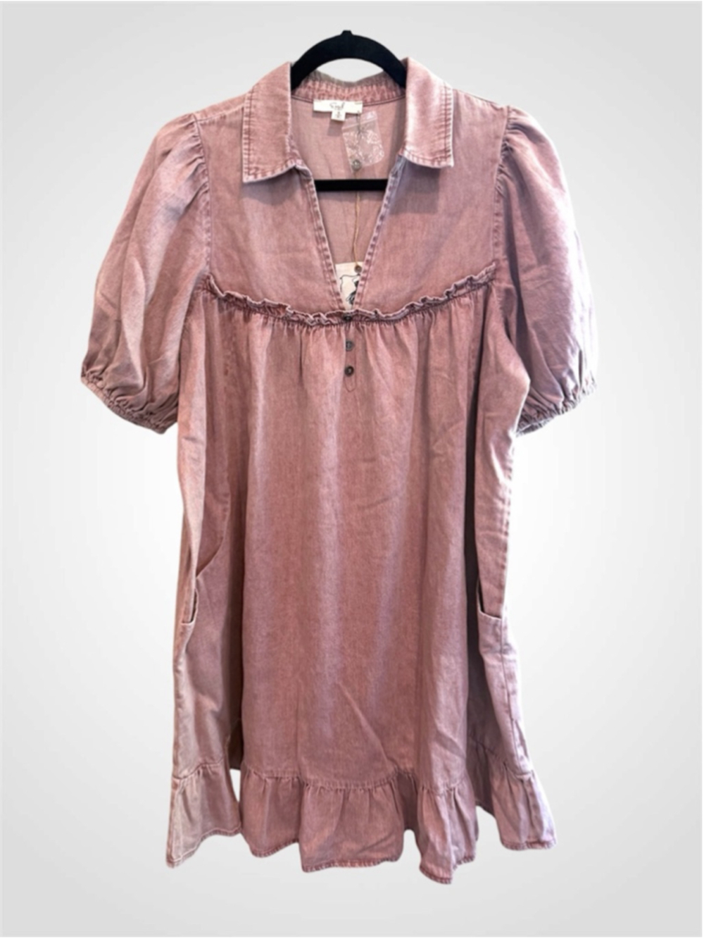 Easel Chambray Washed Mini Dress in Dusty Rose Size S
